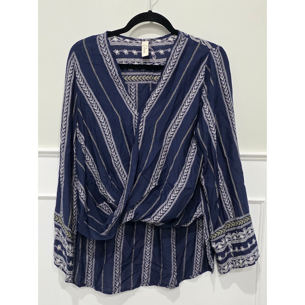 Elan Navy Blue Embroidered Wrap Front High-Low Rayon Blouse‎ Small Boho V-Neck